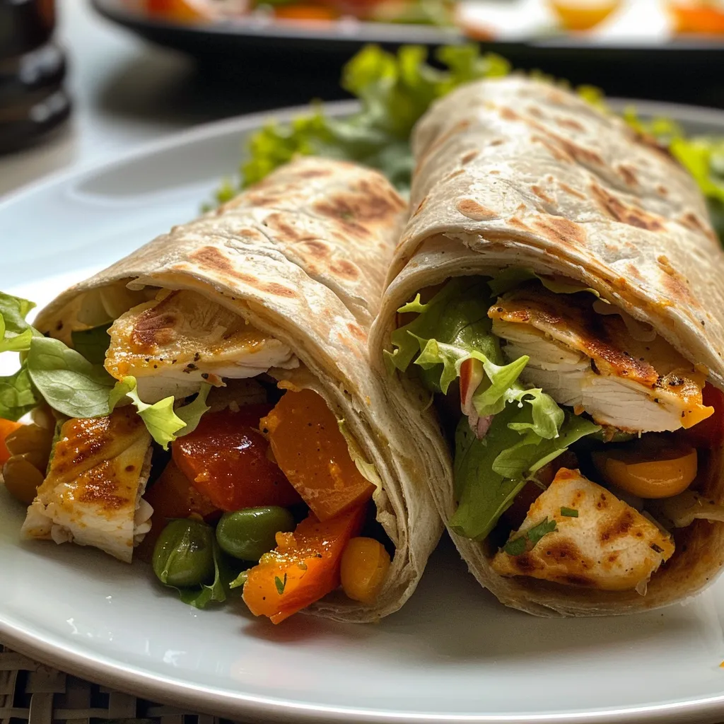 Close-up de um wrap de frango recheado com legumes coloridos.
