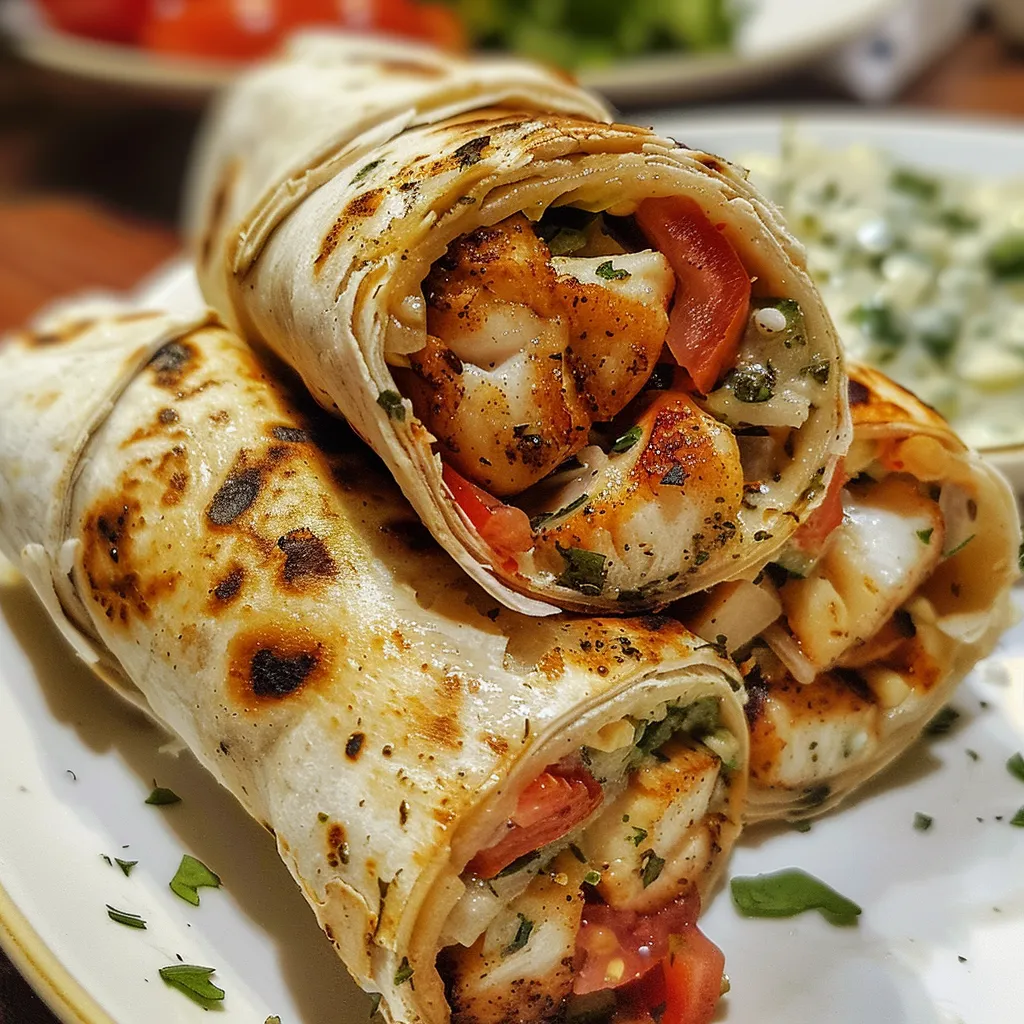 Side view of a juicy grilled chicken wrap, showcasing colorful ingredients.