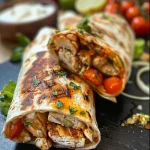 Close-up de um wrap de frango suculento, mostrando ingredientes frescos.