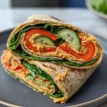 Close-up view of a vegan hummus wrap with colorful vegetables.