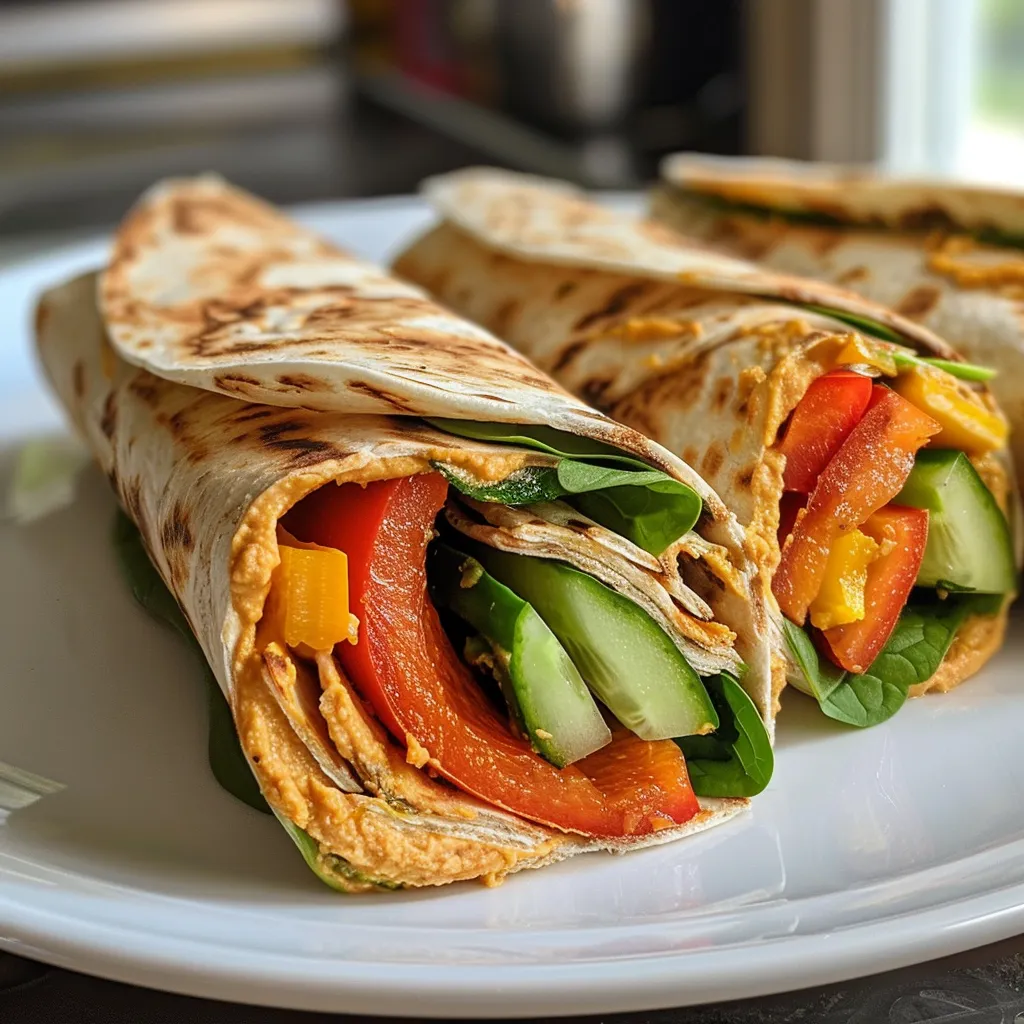 Side view of a wrapped tortilla filled with hummus and fresh veggies.