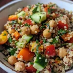 Salada de quinoa com limão e grão de bico, ingredientes coloridos em um prato.