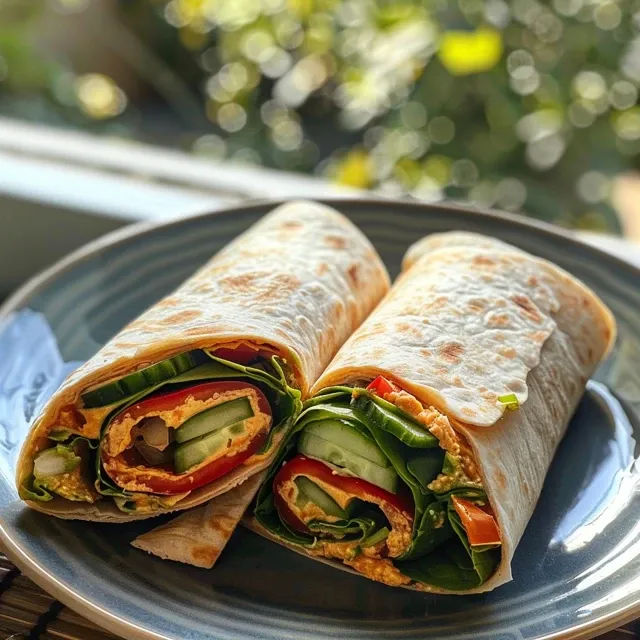 Wraps Veganos F ceis: Uma Explos o de Sabor e Cor em Cada Mordida! Close-up of vegan hummus wraps, featuring bright vegetables and tortillas.