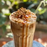 Close-up de um copo de café gelado com leite de amêndoas e caramelo.