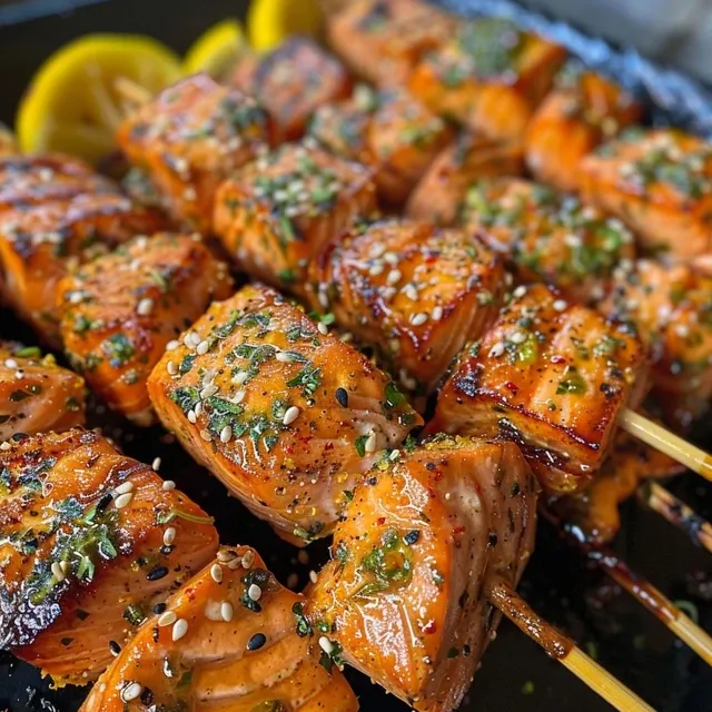 Kebabs de Salm o Grelhado: Uma Aventura Saborosa para o Seu Almo o Kebabs de salmão grelhado com ervas frescas em palitos de bambu.