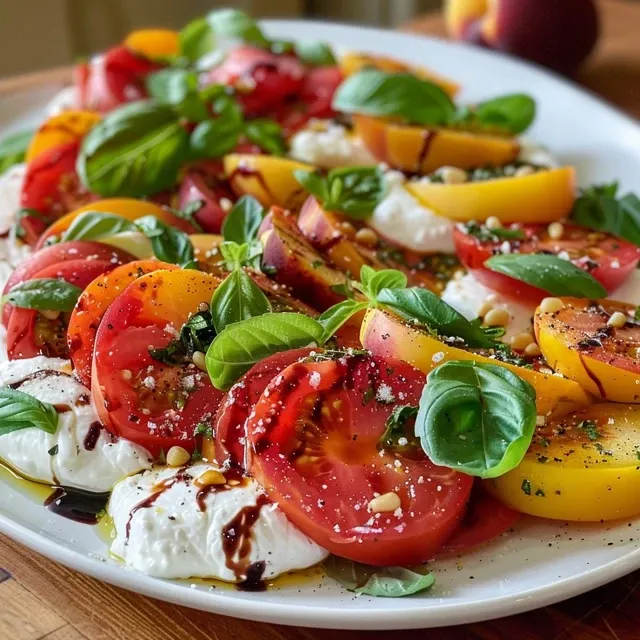 Ver o no Prato: Salada Caprese com Tomate, Burrata e P ssegos Salada Caprese com tomate heirloom, burrata e fatias de pêssego.