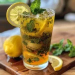 Close-up of a refreshing lemon mint iced tea in a glass with ice and fruit.