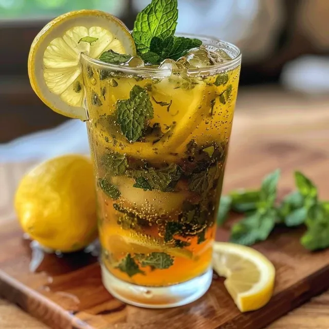 Refresque-se com Este Delicioso Ch Gelado de Lim o e Hortel Close-up of a refreshing lemon mint iced tea in a glass with ice and fruit.