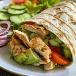 Wrap de frango e abacate com ingredientes frescos, visto de lado.