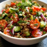 Close-up de um bowl de lentilhas e quinoa com vegetais frescos.