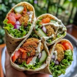 Wrap vegano de falafel com ingredientes frescos, apresentado em uma mesa.