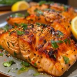 Close-up of succulent salmon bites garnished with lemon and garlic.