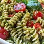 Close-up of a colorful pasta salad with basil pesto and fresh ingredients.