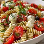 Salada de macarrão caprese cremosa em close, mostrando ingredientes frescos.