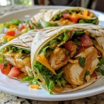 Wrap de frango chipotle com recheio suculento, visto de lado.
