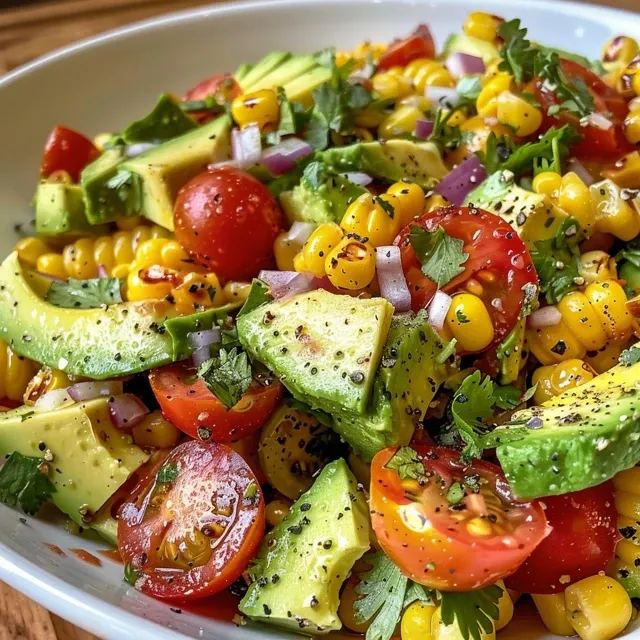 Salada de Abacate com Milho: Uma Explos o de Sabores e Cores na Sua Mesa! Salada de abacate com milho em close, destacando tomates cereja e cebola roxa.
