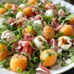 Salada de melão e presunto com folhas de rúcula e burrata.