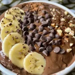 Uma taça de sorvete vegano de banana com chocolate e pedaços de nozes.