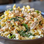 Salada de macarrão com frango e espinafre, vista lateral, com ingredientes frescos.