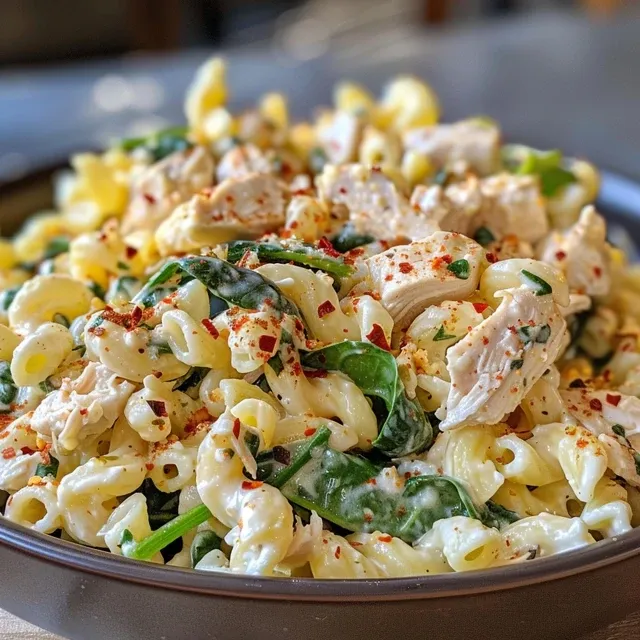 Salada de Macarr o com Frango e Espinafre: Um Toque Fresco para Seu Almo o Salada de macarrão com frango e espinafre, vista lateral, com ingredientes frescos.