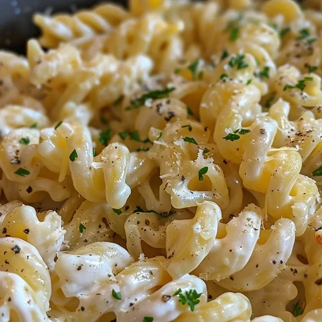 Sabor e Praticidade: O Macarr o com Cream Cheese que Vai Encantar Seu Paladar Close-up of a creamy pasta dish with cream cheese and herbs.