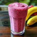 Close-up de um smoothie cremoso de banana e frutas vermelhas em um copo transparente.
