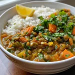 Uma tigela colorida de arroz e lentilhas com legumes frescos.