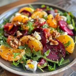 Salada de beterraba, laranja e nozes com queijo de cabra em uma tigela.