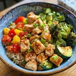 Close-up of a colorful chicken and veggie brown rice bowl with vibrant vegetables.