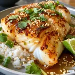 Close-up of ginger soy glazed cod fillet garnished with green onions and sesame seeds.
