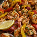 Close-up of grilled shrimp kabobs with colorful vegetables.