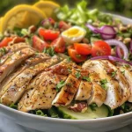 Close-up of a classic chicken salad with diced chicken, celery, and herbs.