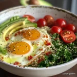 Tigela de café da manhã com ovos, quinoa e vegetais coloridos.