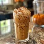 Close-up de café gelado de abóbora com caramelo em um copo transparente.