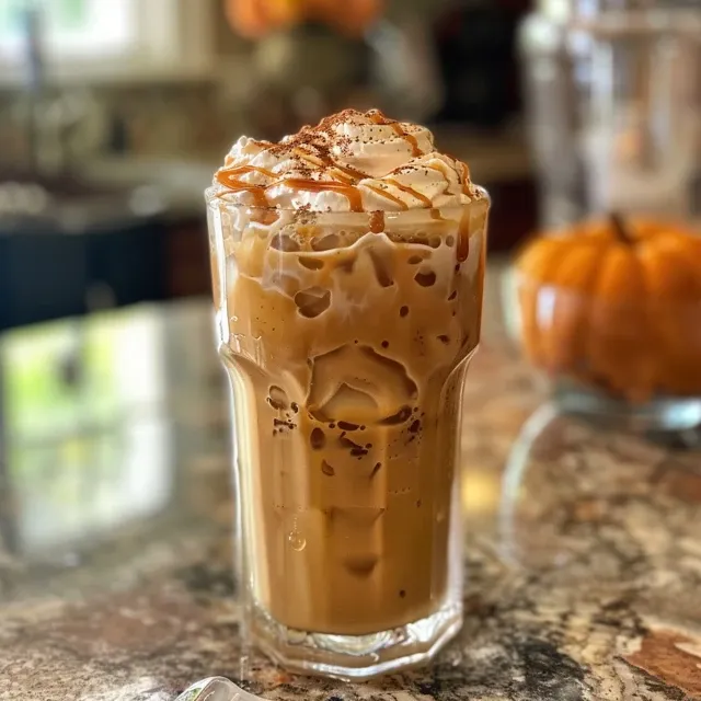 Desperte Seus Sentidos com o Caf Iced Pumpkin Spice Caramel Close-up de café gelado de abóbora com caramelo em um copo transparente.