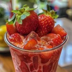 Close-up of a glass of Strawberry Iced Tea with strawberries and ice.