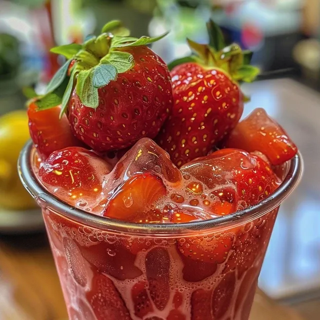 Refresque seus Dias com um Delicioso Ch Gelado de Morango Close-up of a glass of Strawberry Iced Tea with strawberries and ice.