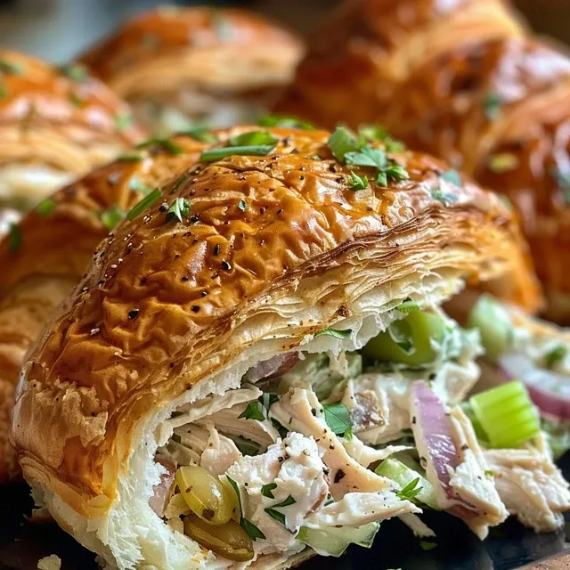Salada de Frango em Croissant: Uma Explos o de Sabor para o Seu Almo o Croissant recheado com salada de frango, visto de lado, mostrando a textura do croissant.