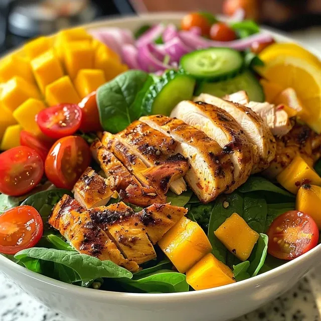 Salada de Frango com Manga: Uma Explos o de Sabores e Cores na Sua Mesa! Salada de frango com manga em close, mostrando ingredientes frescos e coloridos.
