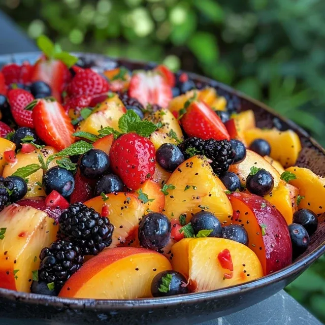 Refresque seu Ver o com Esta Salada de Frutas de P ssego e Frutas Vermelhas Salada de frutas com pêssegos, morangos, amoras e mirtilos.