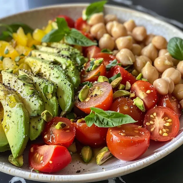 Salada Vibrante de Tomate e Manjeric o para Energizar Seu Dia Salada de tomate e manjericão rica em proteínas com ingredientes frescos e coloridos.
