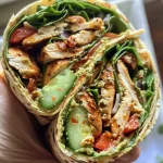 Wrap de frango com hummus, apresentado em uma mesa com ingredientes frescos ao fundo.