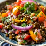 Salada de lentilhas coloridas em close, destacando lentilhas verdes e vegetais diversos.
