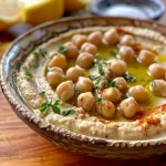 Close-up of creamy classic hummus in a bowl with a drizzle of olive oil.