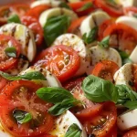 Close-up de uma salada fresca de tomate e manjericão com ingredientes vibrantes.