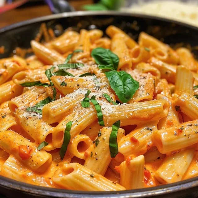 Uma Explos o de Sabores: Massa Cremosa de Tomate e Manjeric o para Agradar o Paladar Um close-up de um prato de Massa Cremosa de Tomate e Manjericão, com pasta e molho cremoso.