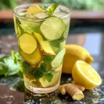Close-up of a glass of Lemon Ginger Iced Green Tea with a slice of lemon.