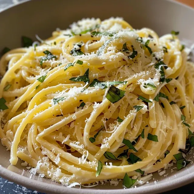O Sabor Refrescante que Vai Transformar Sua Massa em um Banquete Close-up of a creamy lemon basil pasta dish with fresh basil and Parmesan cheese on top.