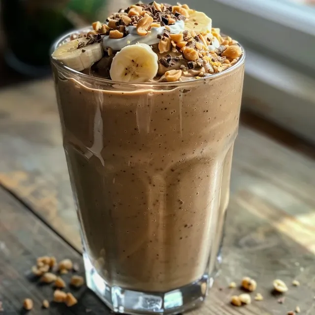 Close-up of a vegan peanut butter banana smoothie with a creamy texture and toppings.