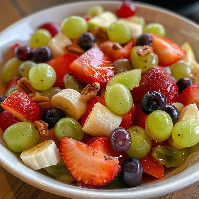 Salada de frutas colorida com morangos, uvas e banana.